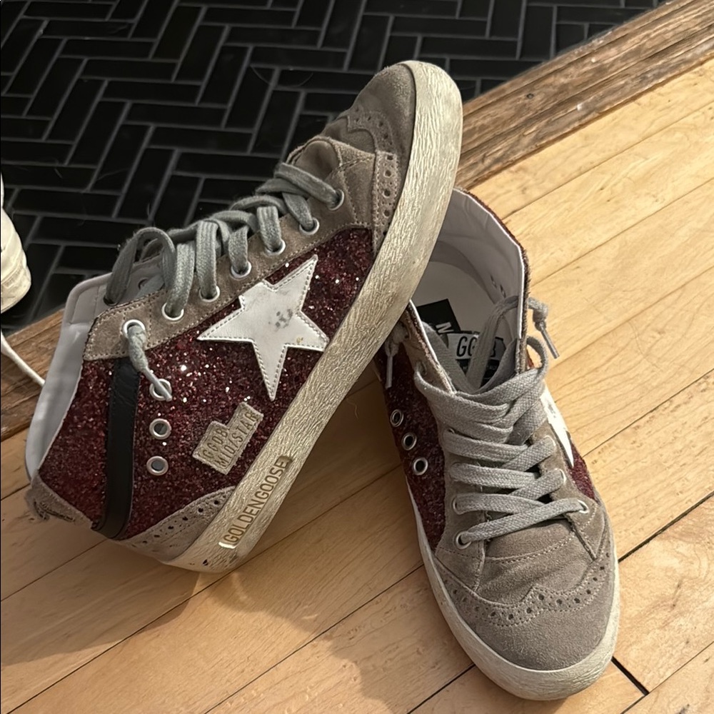 Golden Goose MIDSTAR Burgundy Glitter High-Tops with White Star